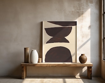 May include: A wooden bench displays a framed abstract art piece with dark brown shapes on a cream background. Decorative vases in various sizes and colors, including a tall cylindrical vase, a white oval vase, and a small brown vase, are arranged on the bench.