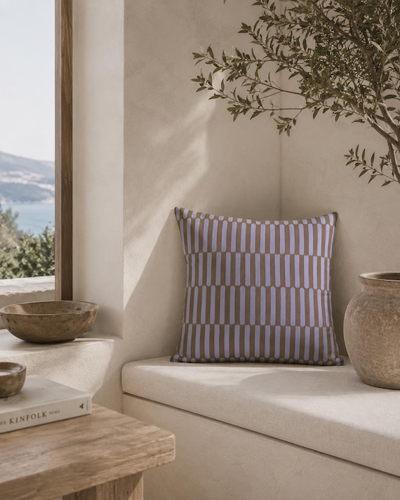 Taupe and Lavender Outdoor Pillow | Stripe Dash Pattern – UV Resistant Patio Cushion