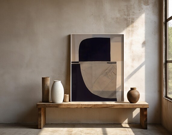 Geometric Navy & Beige Abstract | Minimal Modern Line Artwork | Framed Poster