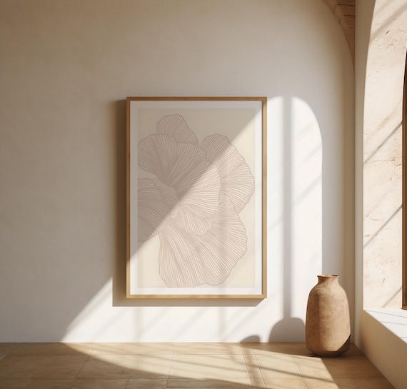 Minimalist Botanical Line Art Poster: Beige Floral Print (Frame not included)