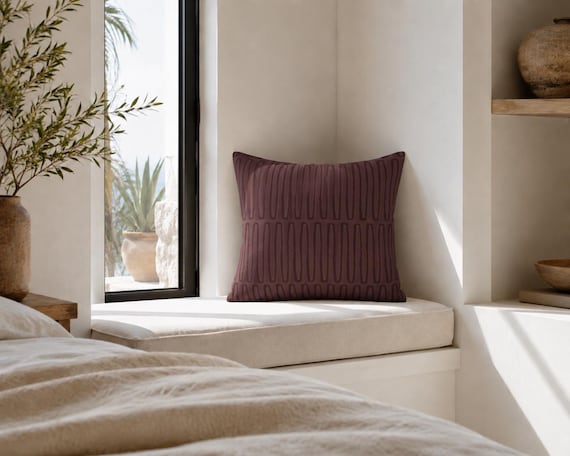 Wine Boho Arch Outdoor Pillow | Tonal Stripe Pattern – UV Resistant Patio Cushion