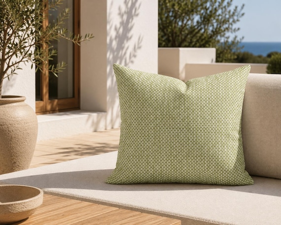 Tonal Sage Green Outdoor Pillow | Dash Mark Pattern – UV Resistant Patio Cushion