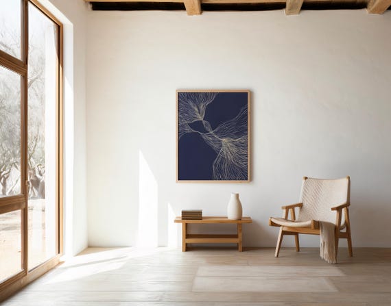 Navy Abstract Line Flow Art | Modern Minimal Movement Print | Digital Download