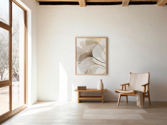 Neutral Ginkgo Leaf Print, Minimalist Japandi Wall Art (Digital Download)