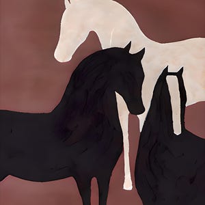 K&ouml;nnte beinhalten: Abstrakter Kunstdruck mit drei stilisierten Pferden. Die Pferde sind in Schwarz und Wei&szlig; vor einem ged&auml;mpften rotbraunen Hintergrund dargestellt. Das Kunstwerk hat eine minimalistische &Auml;sthetik mit klaren Linien und Fokus auf die Form.