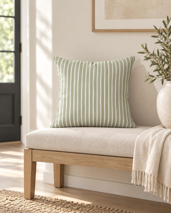 Sage Green Striped Outdoor Pillow | Ivory Pinstripe – UV Resistant Patio Cushion