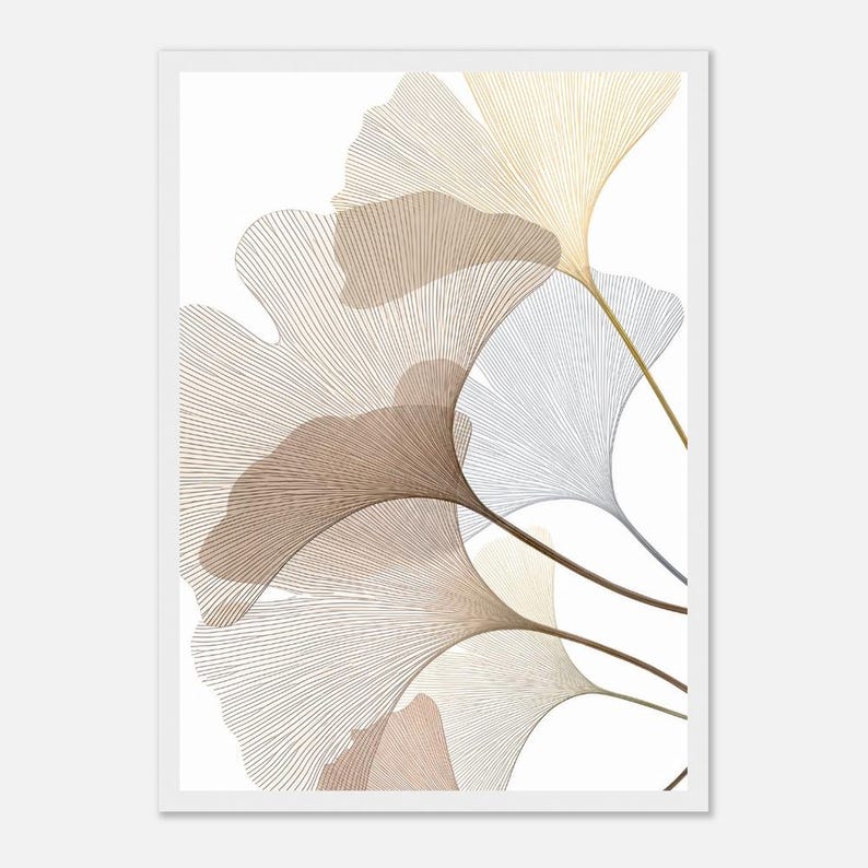 May include: A framed art print featuring stylized ginkgo leaves in shades of brown, beige, and gold against a white background. The leaves have intricate line details, creating a layered, semi-transparent effect. The artwork is presented in a white frame.