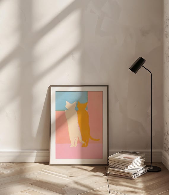 Two Cats at the Window – Minimalist Cat Art Print, Modern Pastel Wall Art, Digital Download