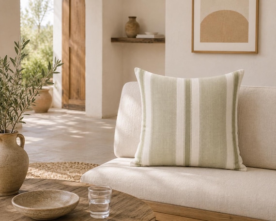 Olive and Cream Stripe Outdoor Pillow | Woven Ticking Pattern – UV Resistant Patio Cushion