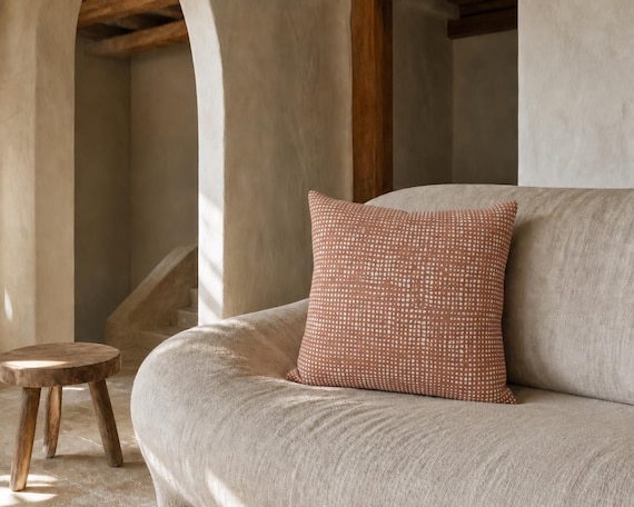 Terracotta Dot Grid Outdoor Pillow | Sage Speckle Pattern – UV Resistant Patio Cushion