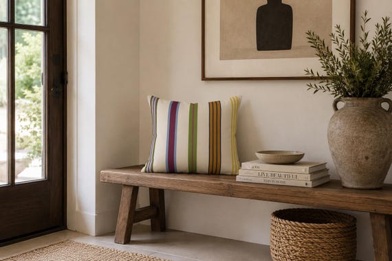 Multicolor Stripe Outdoor Pillow | Cream Ticking Pattern – UV Resistant Patio Cushion