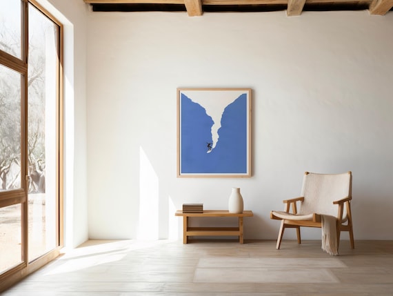 Digital Download: Surfer Minimalist Art Print, Blue Coastal Wall Art, Modern Beach Decor