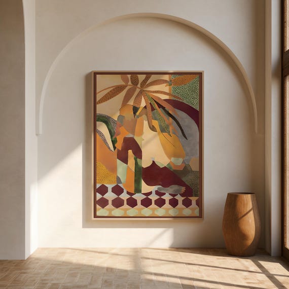 Boho Collage Figure Print | Earthy Tropical Maximalist Wall Art  – Canvas or Framed Canvas