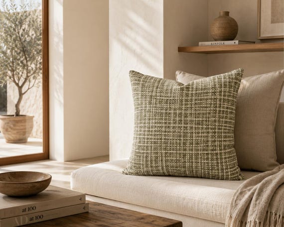 Olive Green Grid Outdoor Pillow | Woven Texture – UV Resistant Patio Cushion