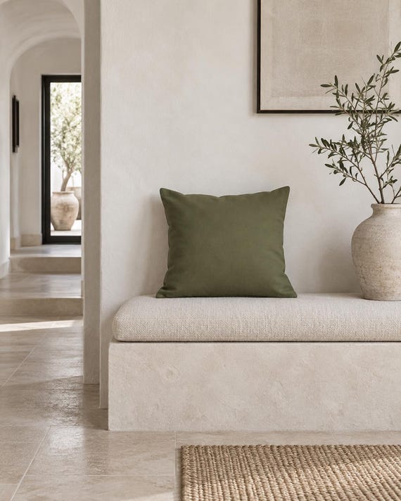 Olive Green Minimal Outdoor Pillow | Solid Color – UV Resistant Patio Cushion