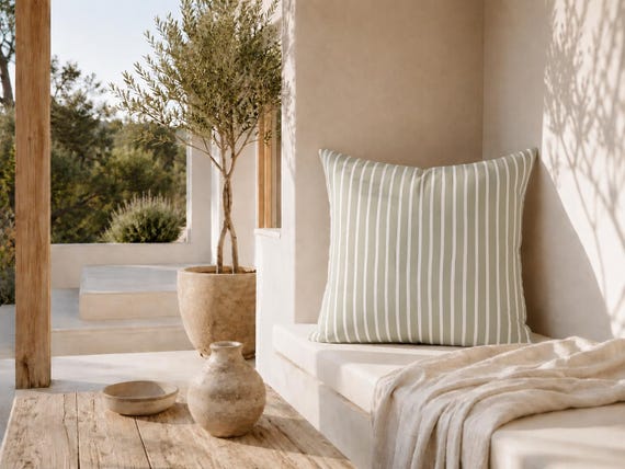 Sage Green Stripe Outdoor Pillow | Narrow White Stripe – UV Resistant Patio Cushion