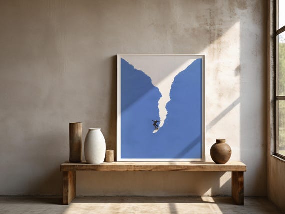 Digital Download: Surfer Minimalist Art Print, Blue Coastal Wall Art, Modern Beach Decor