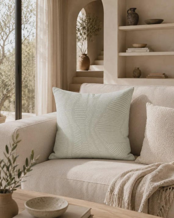 Sage and White Dash Pillow | Geometric Block Pattern – Indoor & Outdoor