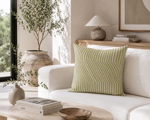 Olive Chevron Outdoor Pillow | Cream Line Pattern – UV Resistant Patio Cushion