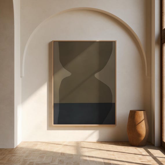 Soft Olive & Navy Modern Neutral Shape Wall Art – Canvas or Framed Canvas