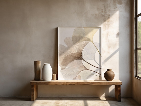 Neutral Ginkgo Leaf Art Print – Minimalist Beige Botanical Poster