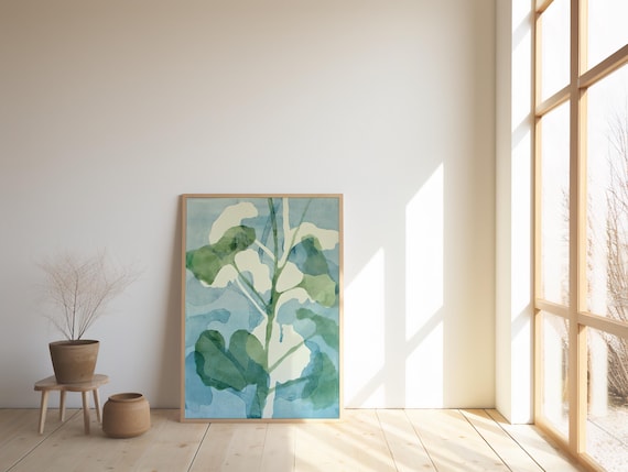 Minimalist Botanical Watercolor Print | Abstract Green Leaf Wall Art | Modern Nature Illustration | Digital Download