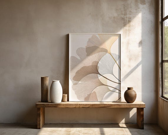 Ginkgo Leaf Wall Art | Neutral Botanical Line Art – Framed Poster | Ready to Hang