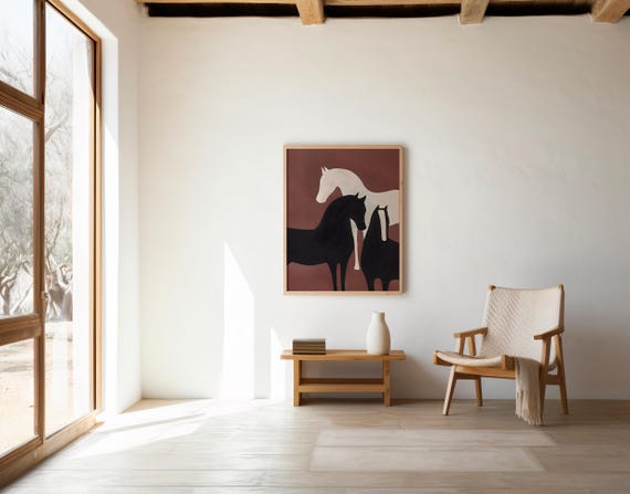 Black and Cream Horse Wall Art | Brick Red Trio – Printable | Instant Download