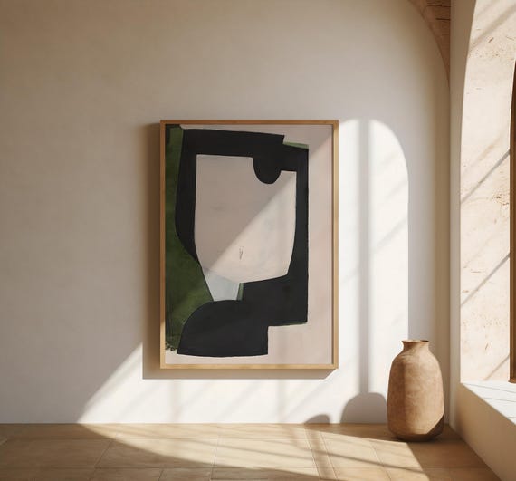 Abstract Black Green Wall Art | Organic Modern Shapes | Fine Art Poster (Unframed)