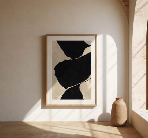 Abstract Black Shapes Fine Art Poster | Modern Minimalist Beige Wall Print | Premium Matte Paper