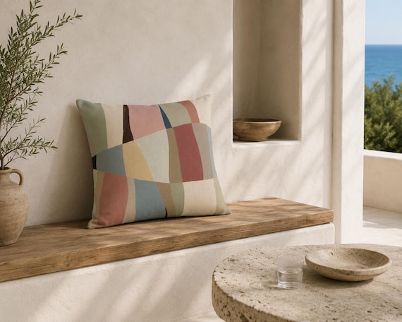 Earthy Color Block Outdoor Pillow | Abstract Boho Pattern – UV Resistant Patio Cushion