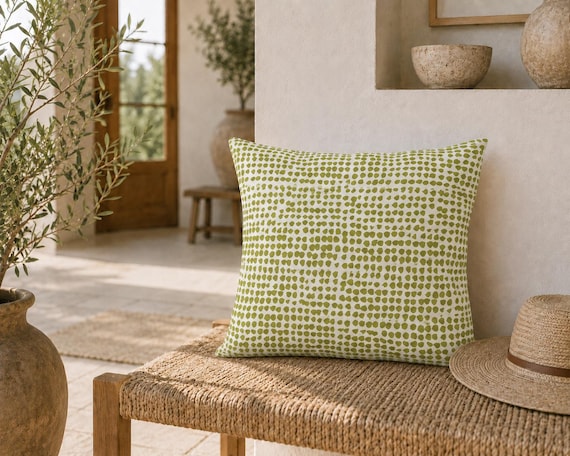 Lime Green Dot Outdoor Pillow | Chartreuse Pebble Pattern – UV Resistant Patio Cushion