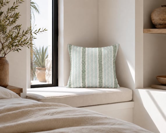 Sage Green Striped Outdoor Pillow | Pale Blue Dash Pattern – UV Resistant Patio Cushion