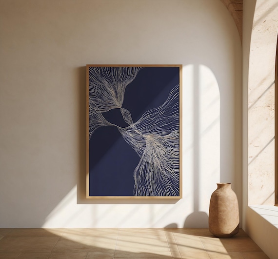 Navy Abstract Line Flow Art | Modern Minimal Movement | Fine Art Poster (Frame not included)
