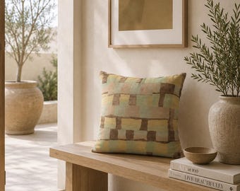 Cuscino da esterno con motivo astratto a griglia di blocchi / Motivo boho dai toni naturali – Cuscino da patio resistente ai raggi UV