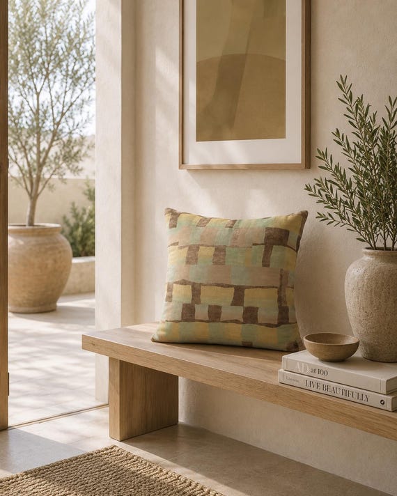 Abstract Block Grid Outdoor Pillow | Earthy Boho Pattern – UV Resistant Patio Cushion