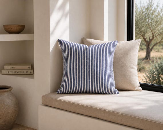 Navy and Cream Outdoor Pillow | Ticking Stripe Pattern – UV Resistant Patio Cushion