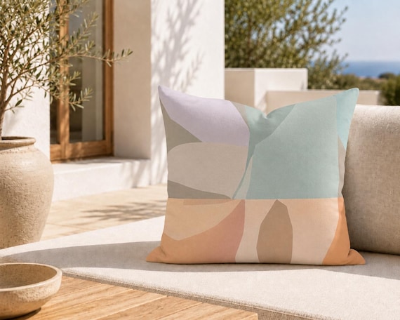 Teal and Peach Abstract Outdoor Pillow | Soft Organic Shapes – UV Resistant Patio Cushion