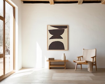 May include: A light and spacious room featuring a large window and an abstract artwork in a wooden frame. A wooden chair with a cream seat and a small wooden table with a vase and books are visible. The room has a minimalist, modern design.