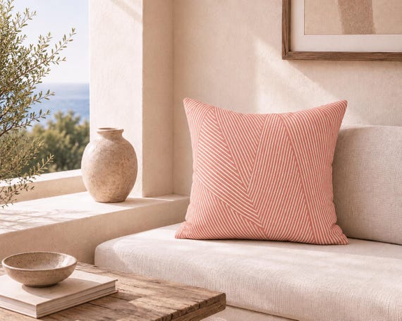 Coral and Blush Abstract Line Outdoor Pillow | Geometric Pattern – UV Resistant Patio Cushion