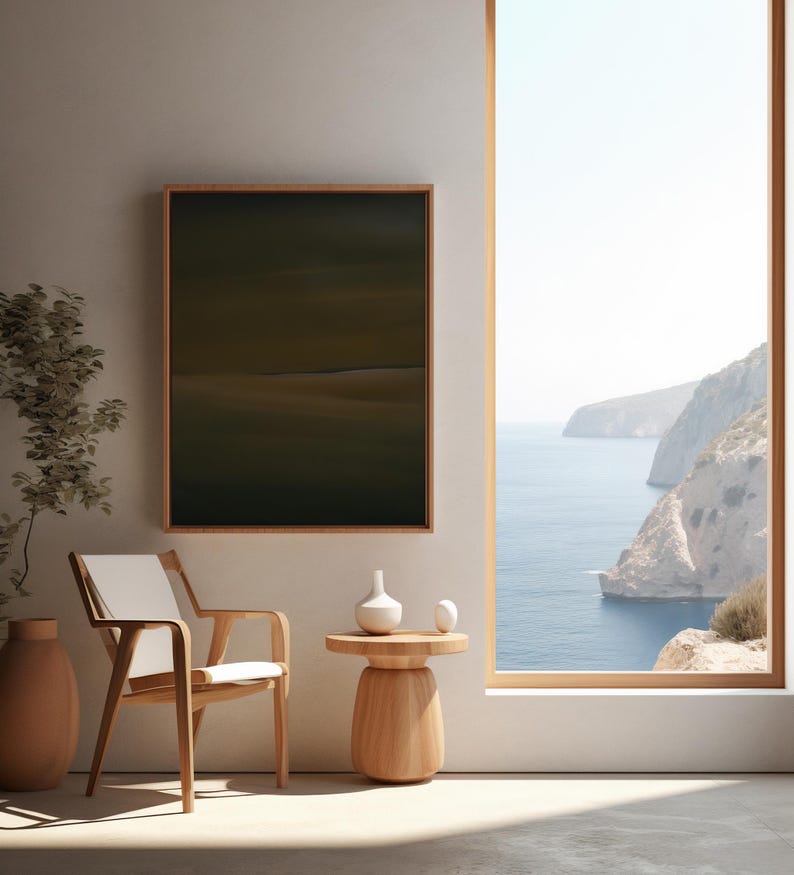 Moody Olive Green Abstract Landscape Wall Art – Framed Canvas image 2