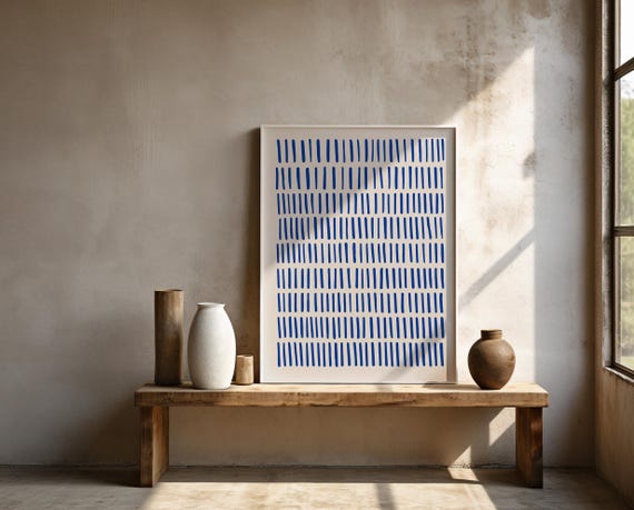 Cobalt Blue Line Wall Art | Minimal Vertical Dash Pattern – Framed Poster | Ready to Hang