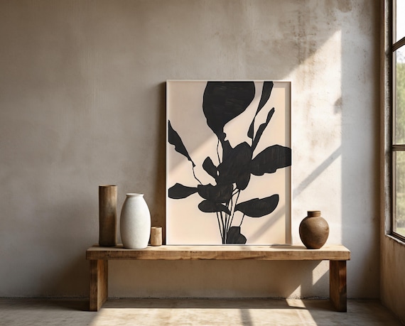 Black Botanical Silhouette Art – Minimalist Leaf Wall Art – Framed Poster