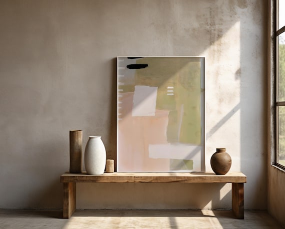 Abstract Neutral Wall Art – Soft Sage & Blush Minimal Framed Poster