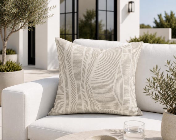 Warm Grey Dash Outdoor Pillow | Cream Organic Line Pattern – UV Resistant Patio Cushion