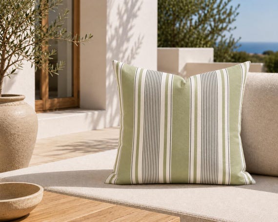 Sage Green Stripe Outdoor Pillow | Bold Cream and Charcoal – UV Resistant Patio Cushion