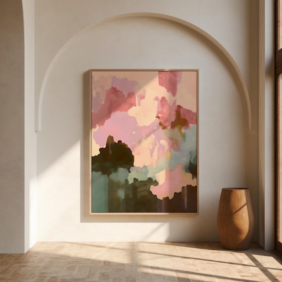 Blush Sage Neutral Abstract Wall Art – Framed Canvas Print