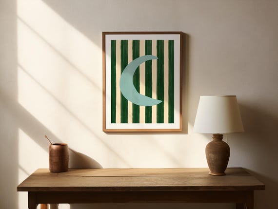 Crescent Moon Nursery Poster | Green Striped Wall Art Print | Modern Kids Room Decor