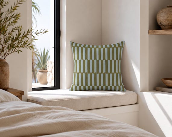 Olive Green Stripe Outdoor Pillow | Mint Blue Pattern – UV Resistant Patio Cushion