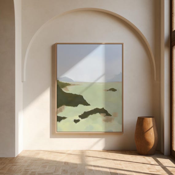 Coastal Landscape Print | Sage Green Misty Sea Wall Art – Canvas or Framed Canvas